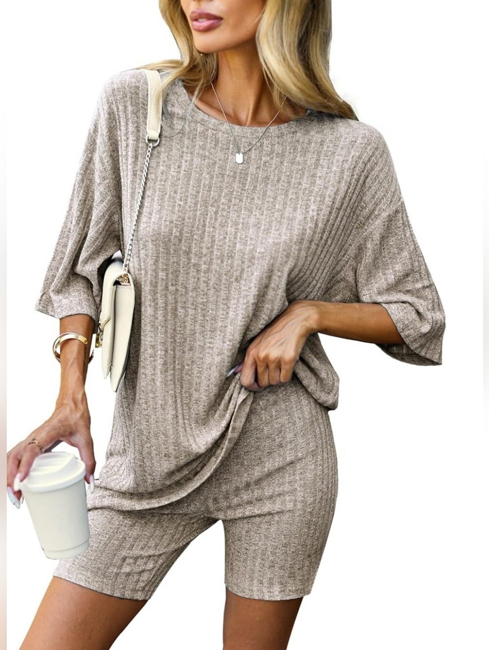 2 Piece Ribbed Lounge Set in Camel